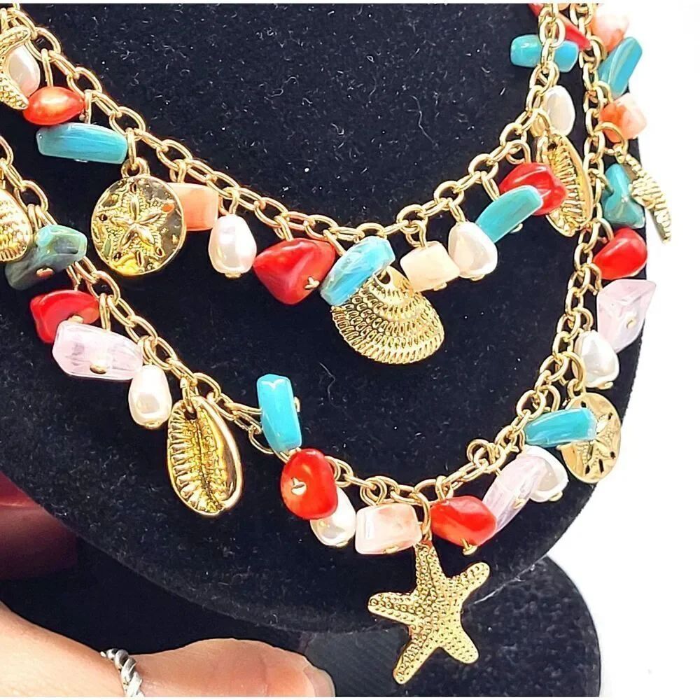 Beach Boho Coral Turquoise Rose Quartz Shell Goldtone Double Layer Necklace 21in